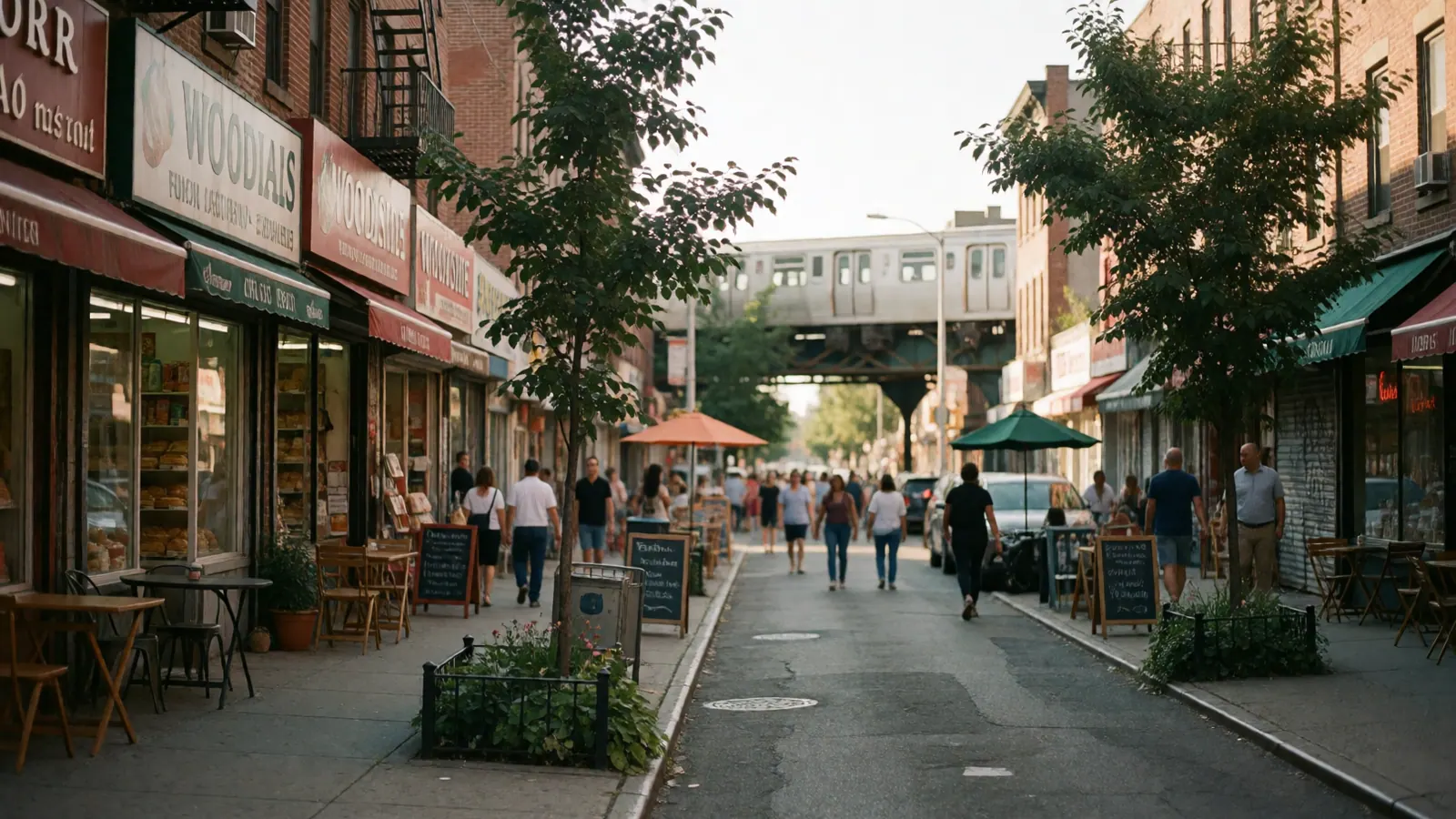 Shops and cafes along a busy avenue in Woodside, Queens, New York