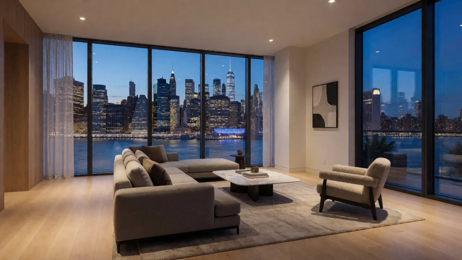 Condo living room with Manhattan skyline views, for sale near Woodside, Queens NY